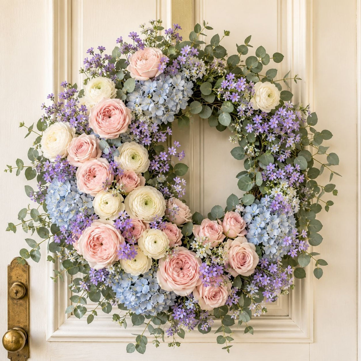 A lush floral wreath hanging on a cream-colored paneled door. The wreath is decorated with pink and cream roses, light blue hydrangeas, lavender star-shaped flowers, and green eucalyptus leaves.