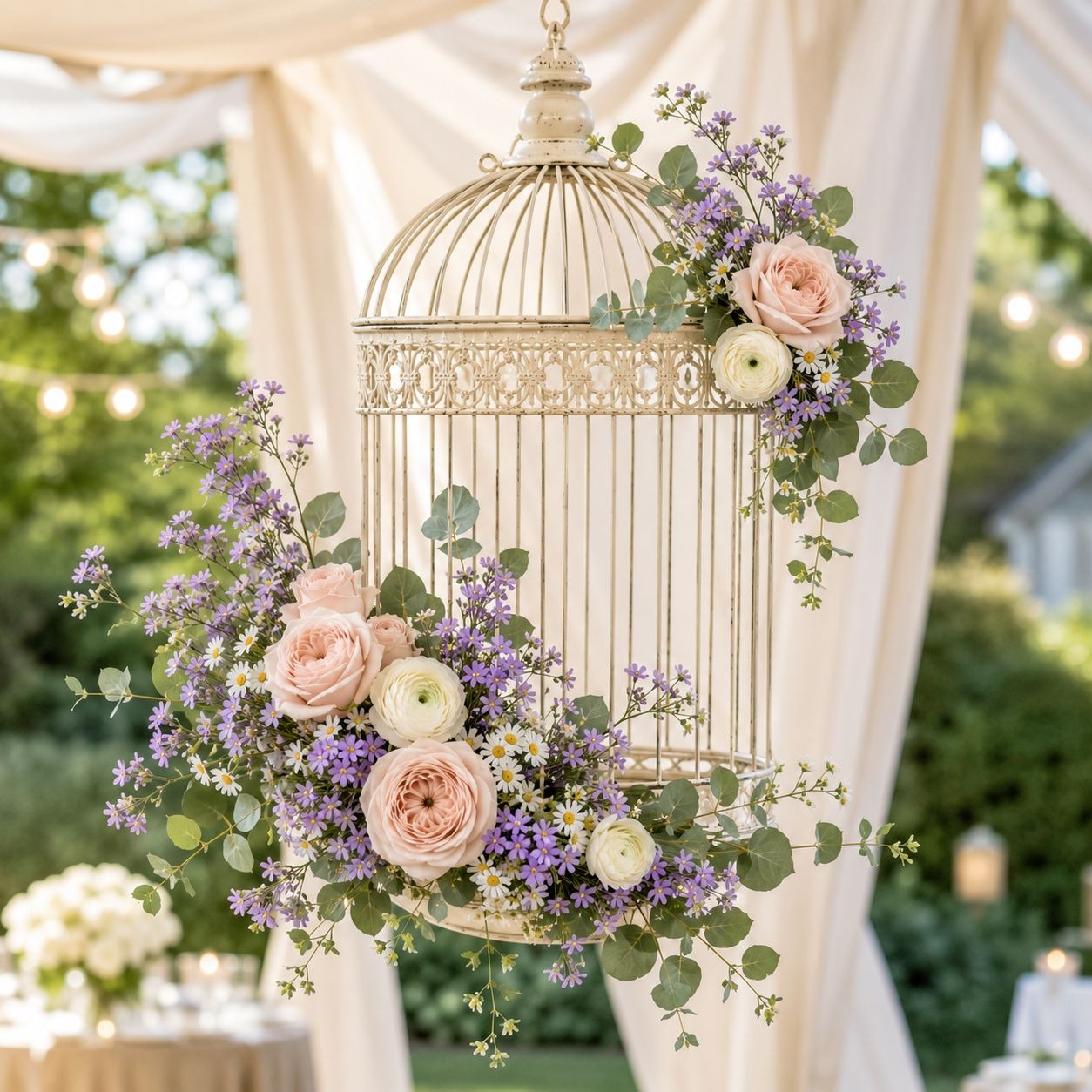 A decorative cream-colored birdcage hanging outdoors under draped fabric, surrounded by pastel pink roses, lavender flowers, white ranunculus, and green eucalyptus leaves.