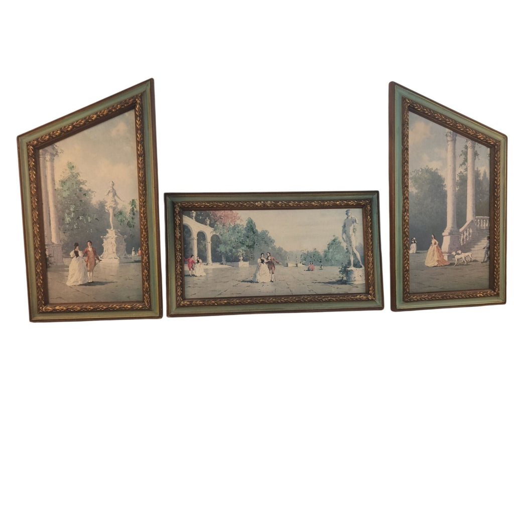 Three framed vintage paintings depicting classical outdoor scenes with figures, columns, and statues, arranged against a plain white background.