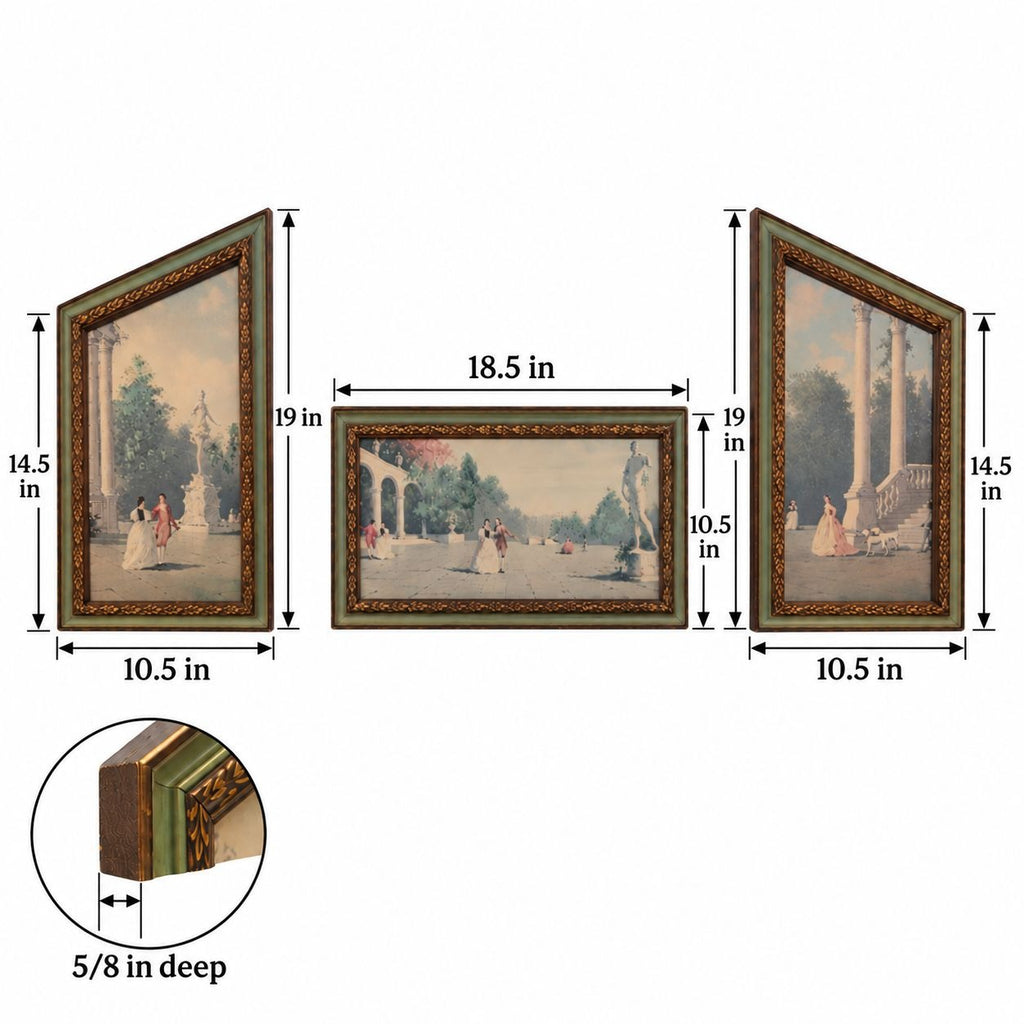 Framed wall art shown in three views with dimension callouts: a centered rectangular view and two angled side views. The artwork depicts a classical outdoor scene with figures, trees, and columns.