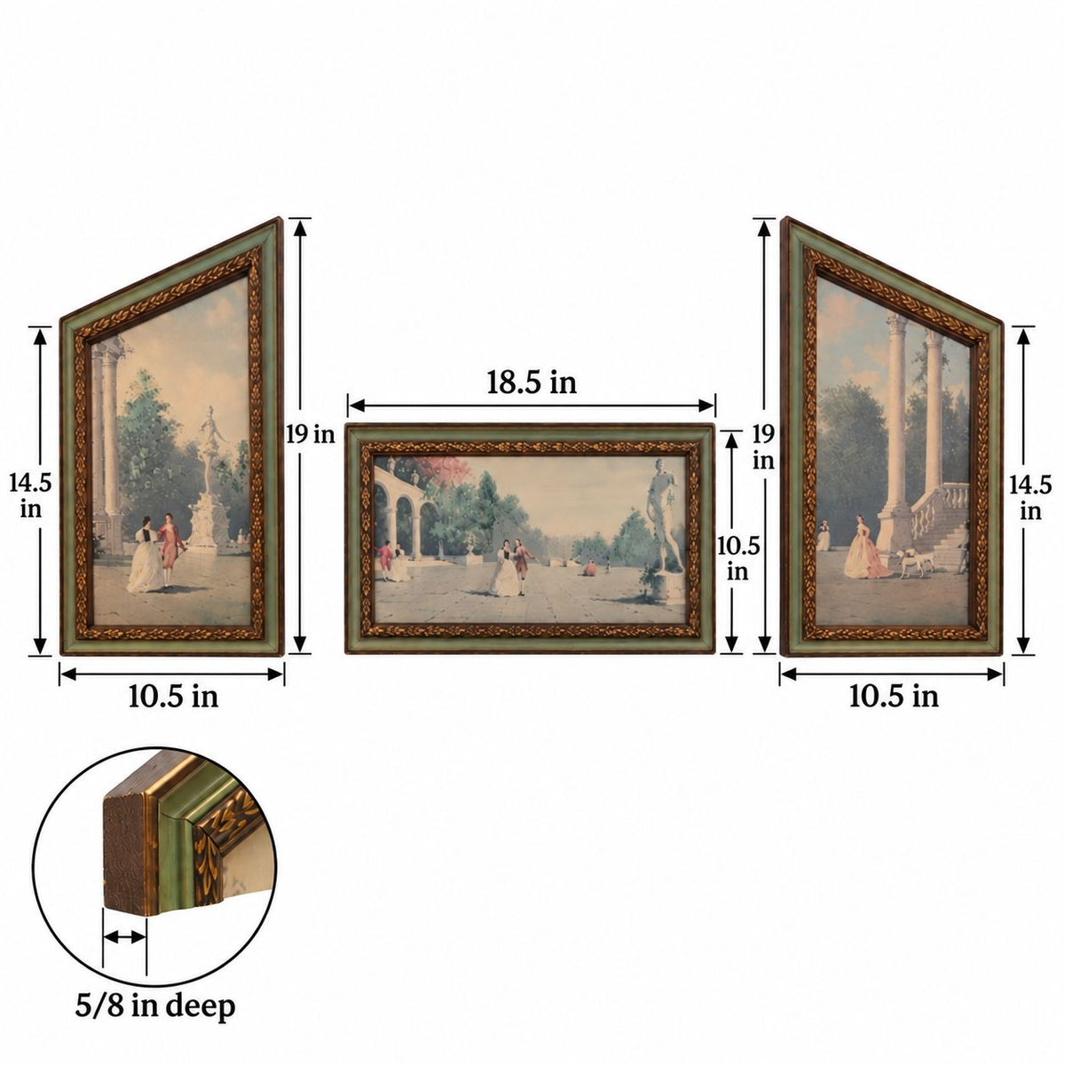 Framed wall art shown in three views with dimension callouts: a centered rectangular view and two angled side views. The artwork depicts a classical outdoor scene with figures, trees, and columns.