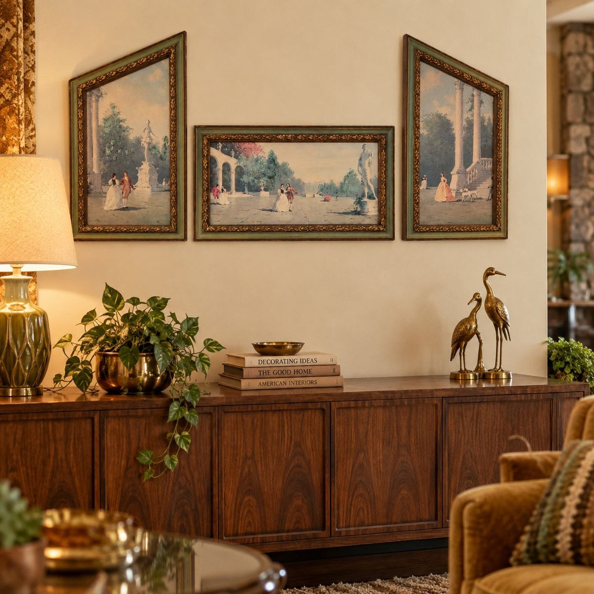 Three framed classical landscape paintings with ornate gold frames are displayed on a beige wall above a dark wood sideboard in a warm, styled living room.