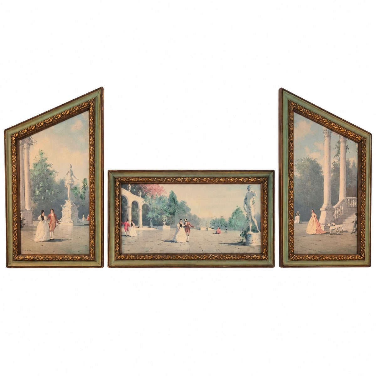 Vintage 1970s Hubert Robert Print Set, 3 Piece French Garden Lithographs, Hollywood Regency Wall Art, Green Gold Frames