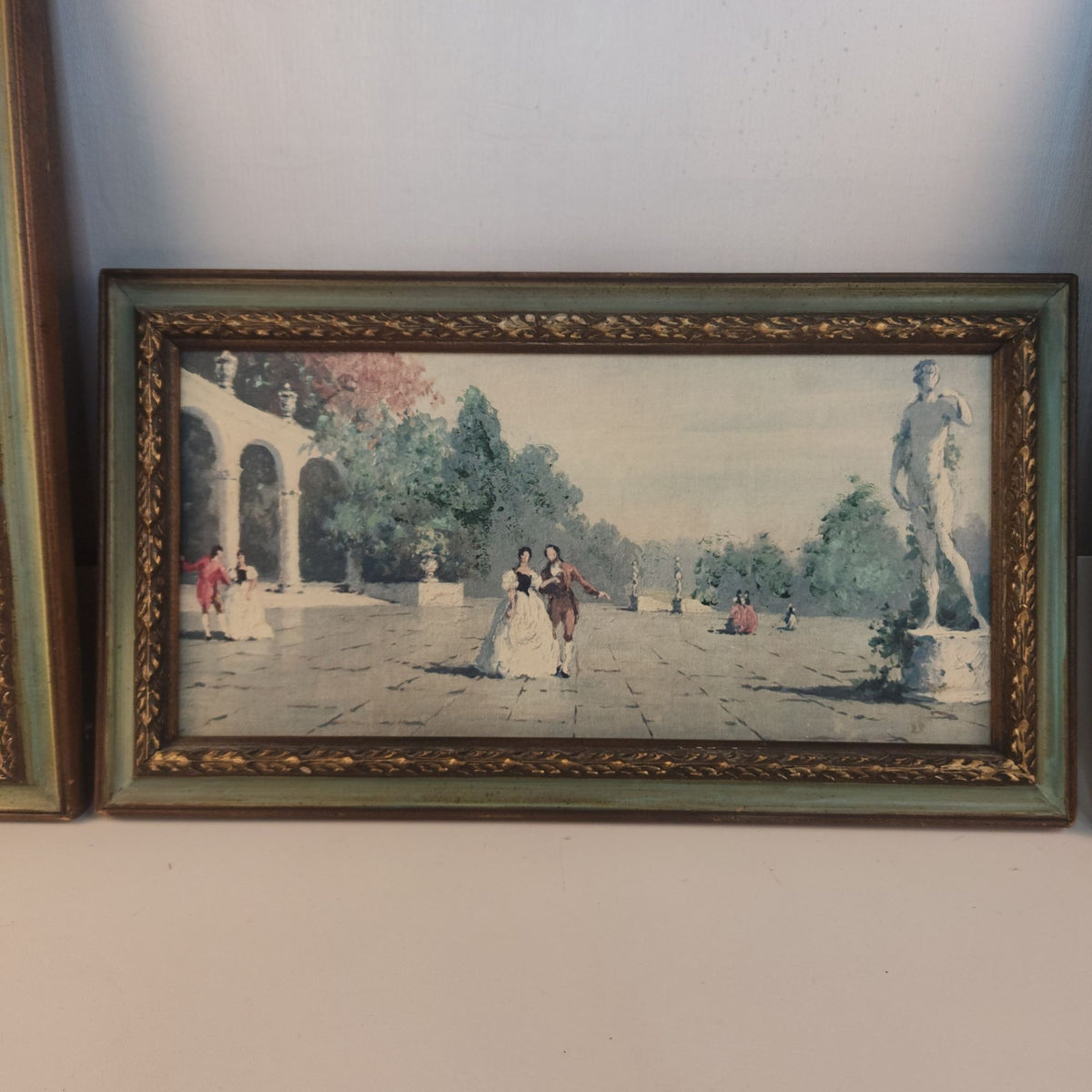 Vintage 1970s Hubert Robert Print Set, 3 Piece French Garden Lithographs, Hollywood Regency Wall Art, Green Gold Frames