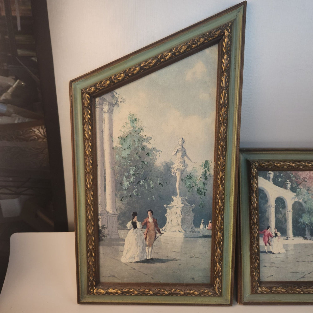 Vintage 1970s Hubert Robert Print Set, 3 Piece French Garden Lithographs, Hollywood Regency Wall Art, Green Gold Frames