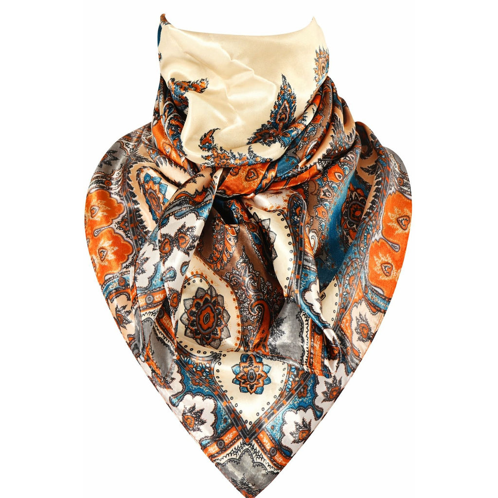 35x35 Wild Rag Scarf Cream Paisley Western Cowboy Satin Bandana Orange Blue Ranch Neckerchief