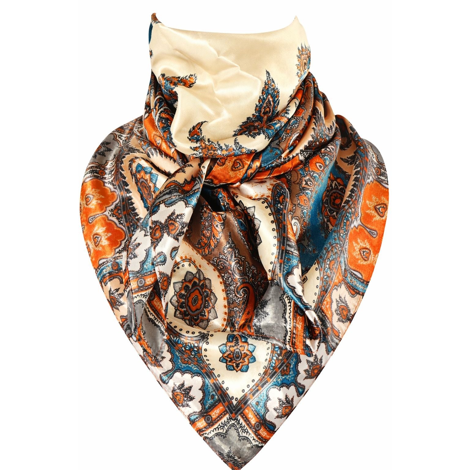 35x35 Wild Rag Scarf Cream Paisley Western Cowboy Satin Bandana Orange Blue Ranch Neckerchief