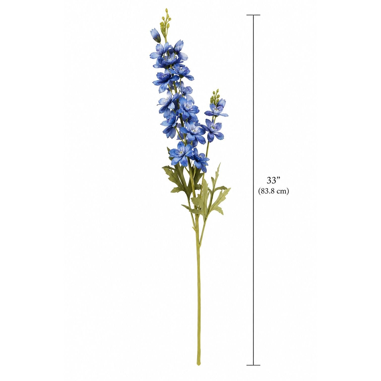 Artificial flower stem with blue flowers and measurements on a white background