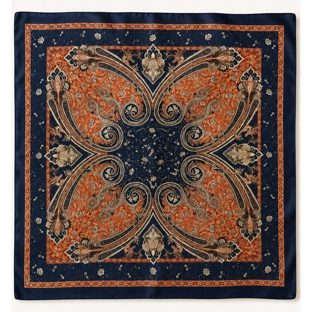 Navy Rust Paisley Square Scarf 26x26 Western Boho Neck Scarf Satin Feel