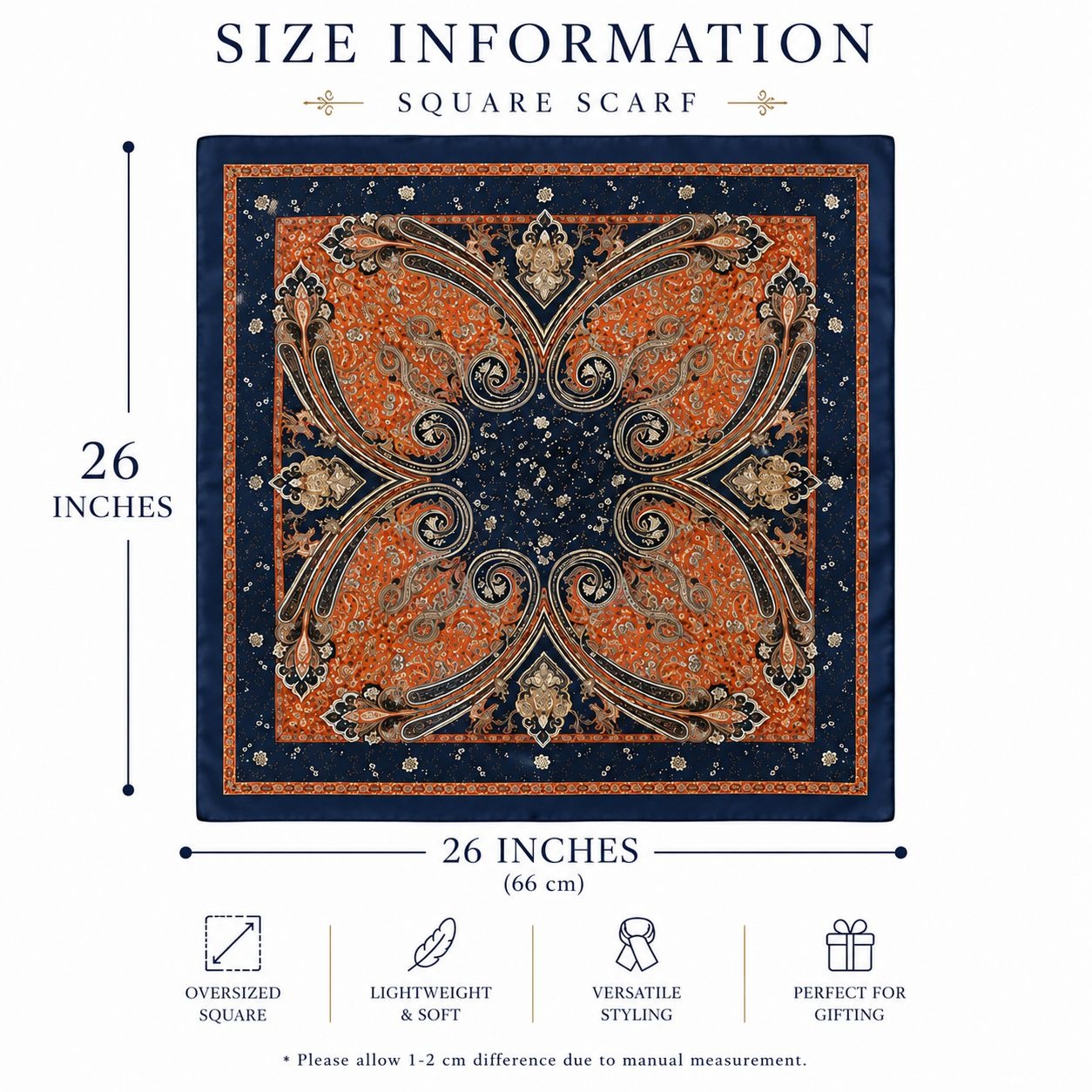 Square scarf with decorative pattern and size information on a white background