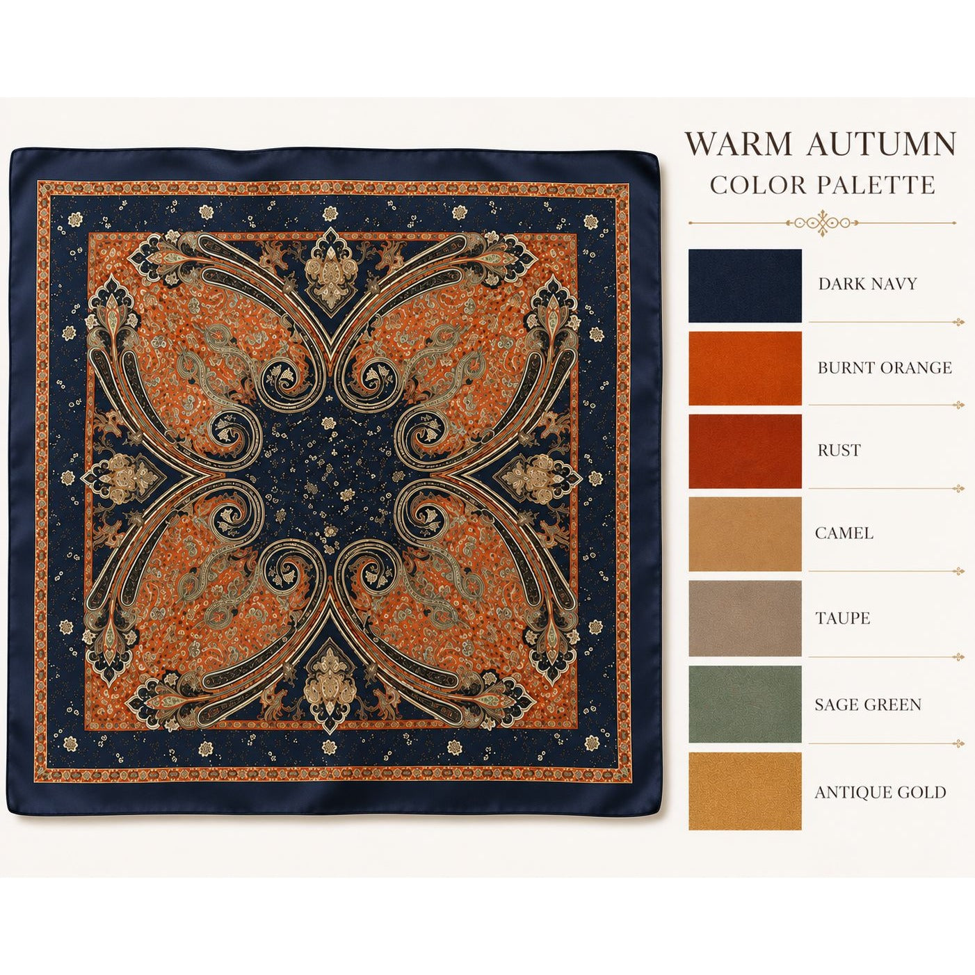 Decorative scarf with intricate patterns on a white background, featuring a color palette chart.