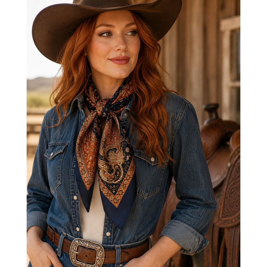 Woman wearing a denim jacket, patterned scarf, and cowboy hat in a rustic setting.