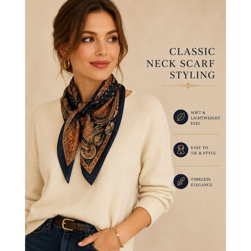 Woman wearing a classic neck scarf with text on styling and features.