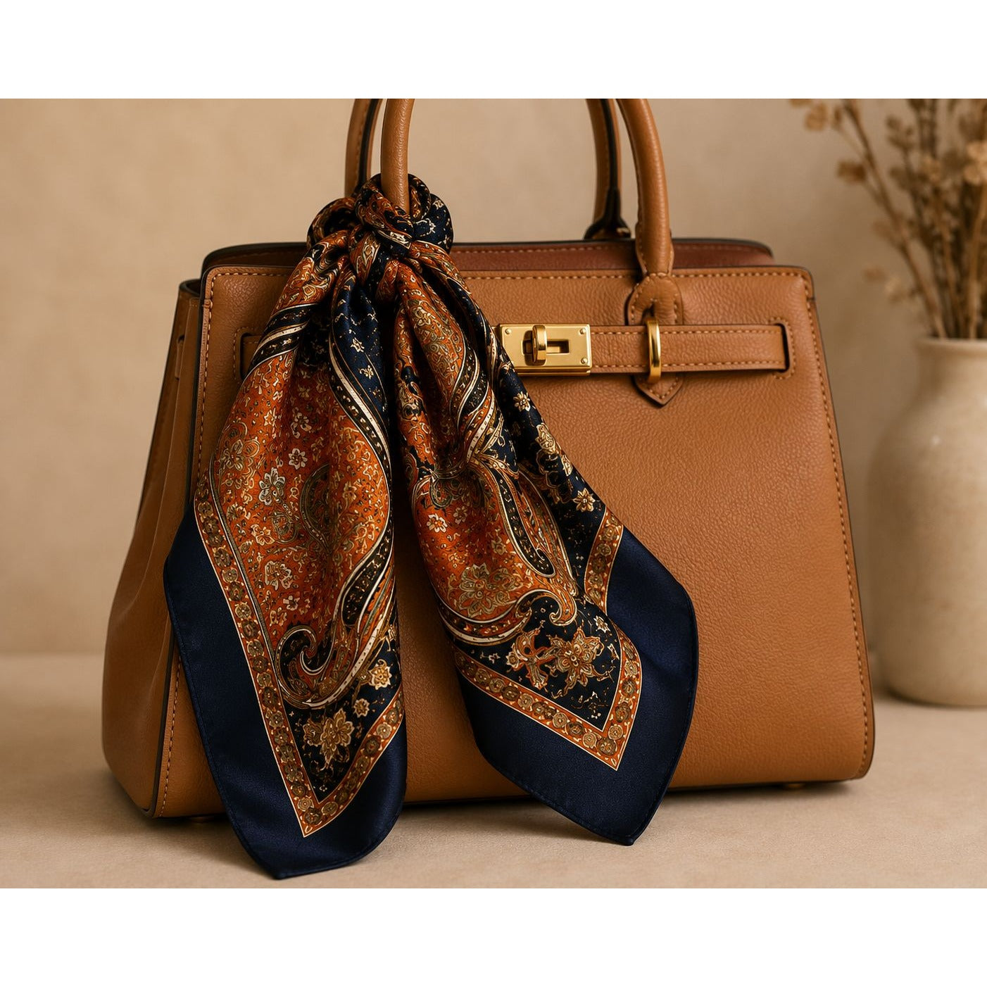 Brown handbag with a patterned scarf draped over it on a neutral background