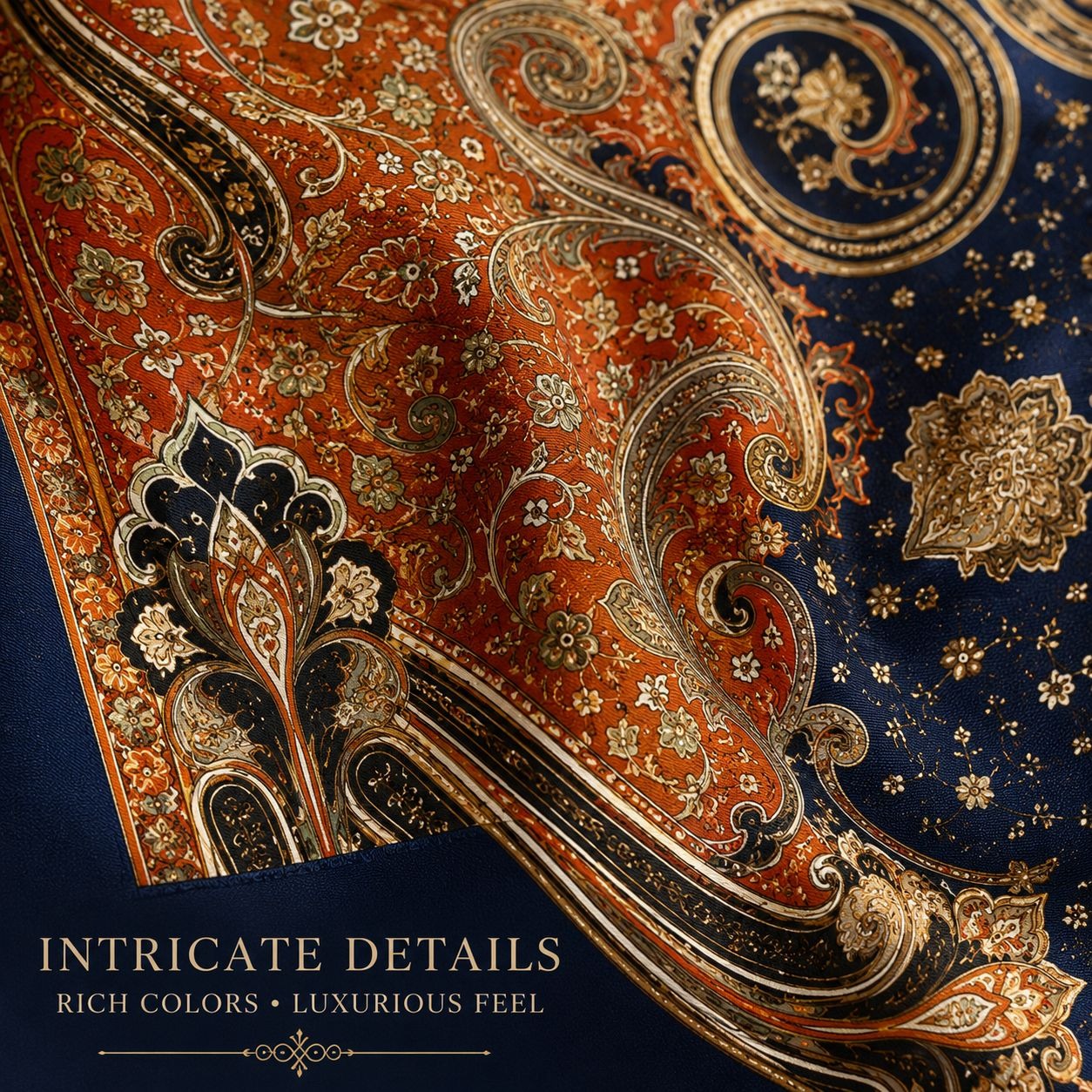 Close-up of an intricately designed fabric with rich colors and luxurious feel.
