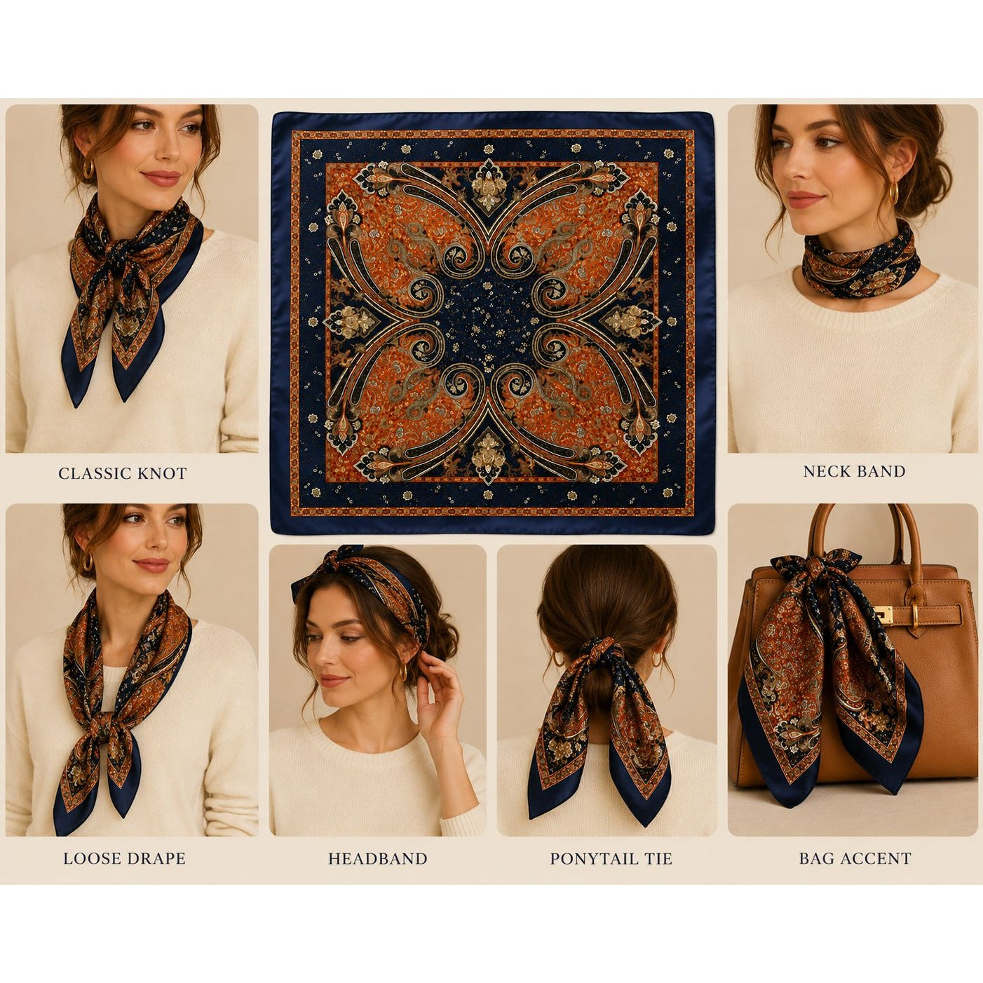 Navy Rust Paisley Square Wild Rag Scarf Western Boho Neck Scarf Satin Feel 26x26
