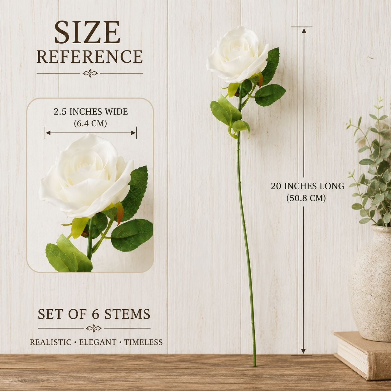 White rose with measurements on a wooden surface
