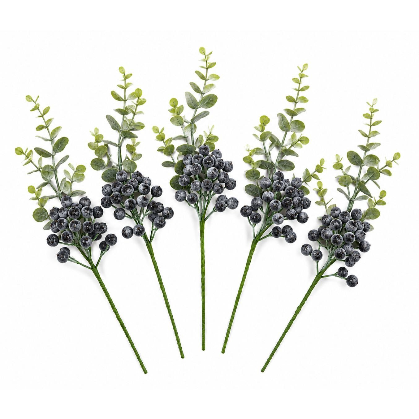 Artificial Black Frosted Berry Picks with Eucalyptus, Set of 5, 14 Inch Wired Stems for Wreaths and Centerpieces