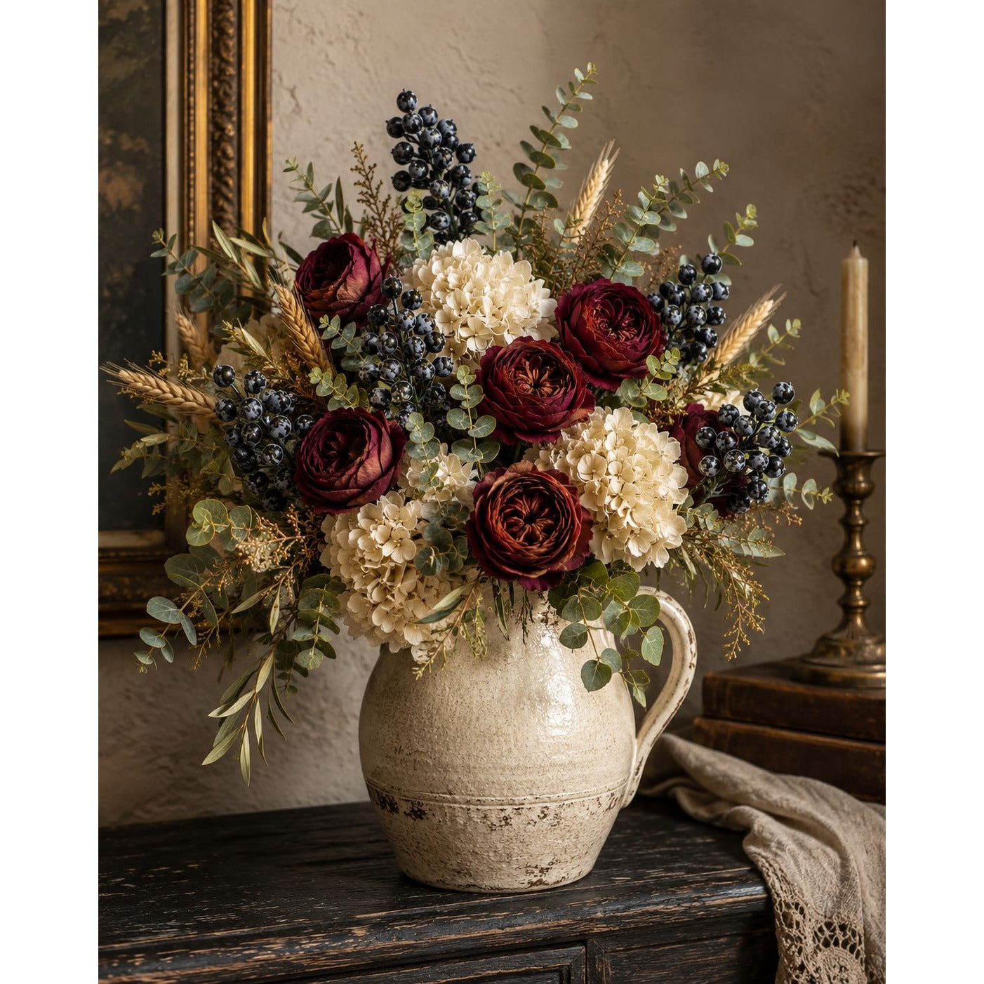 Artificial Black Frosted Berry Picks with Eucalyptus, Set of 5, 14 Inch Wired Stems for Wreaths and Centerpieces