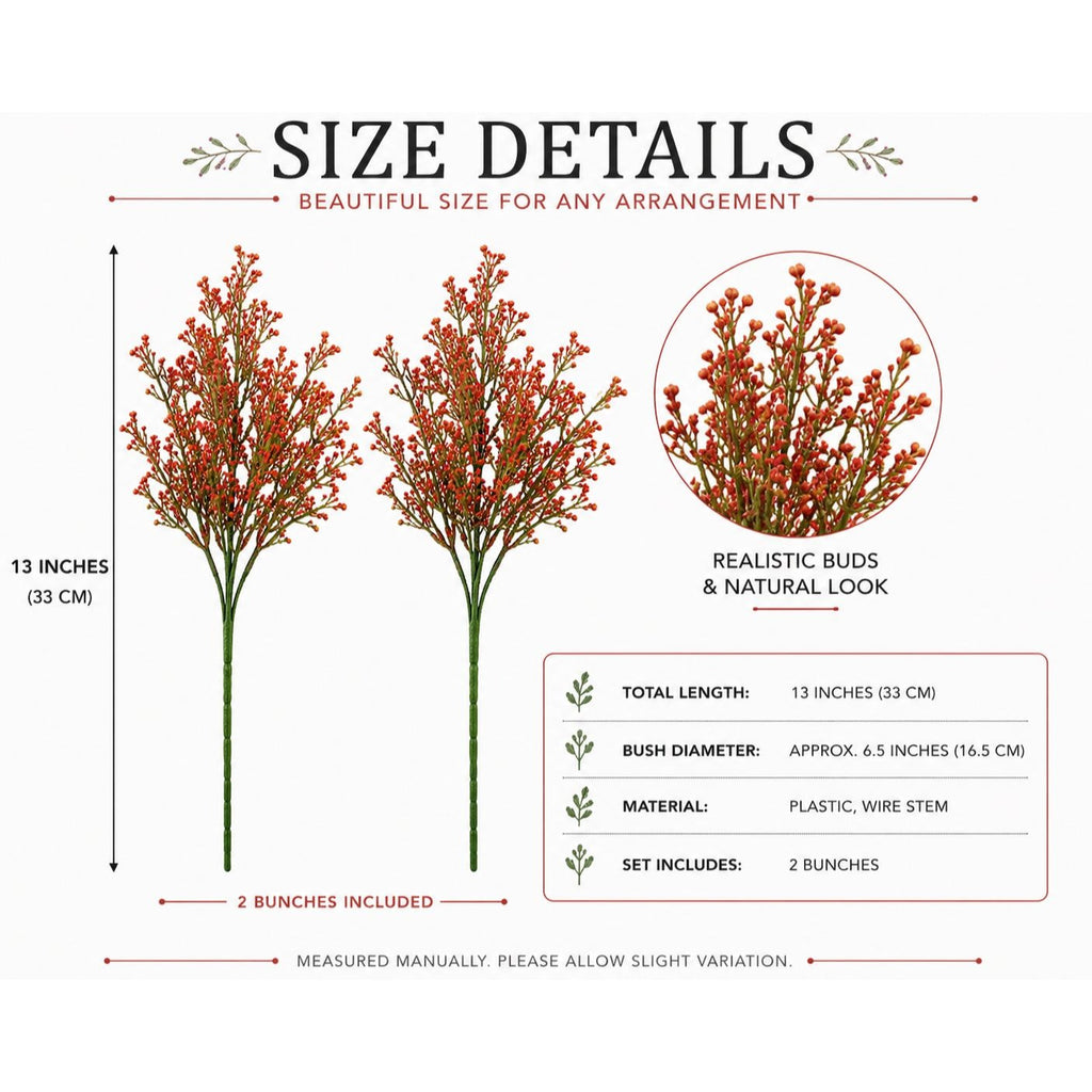 Size details of artificial plants with measurements and features on a white background