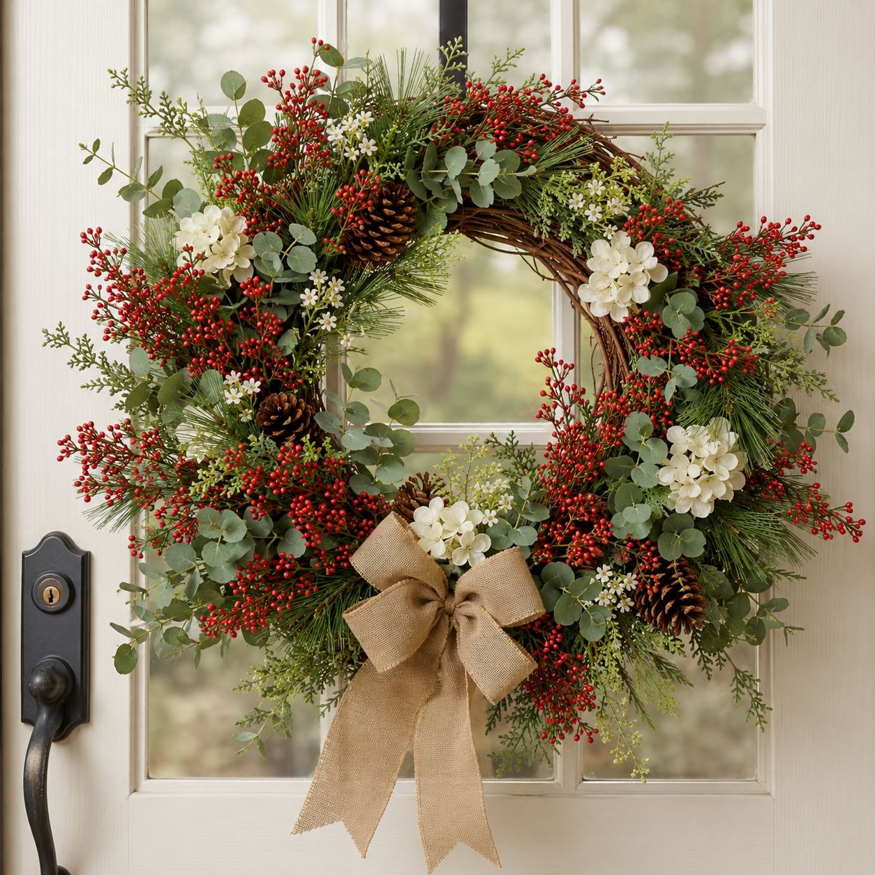 Decorative wreath with red berries, green leaves, and a beige bow on a door.