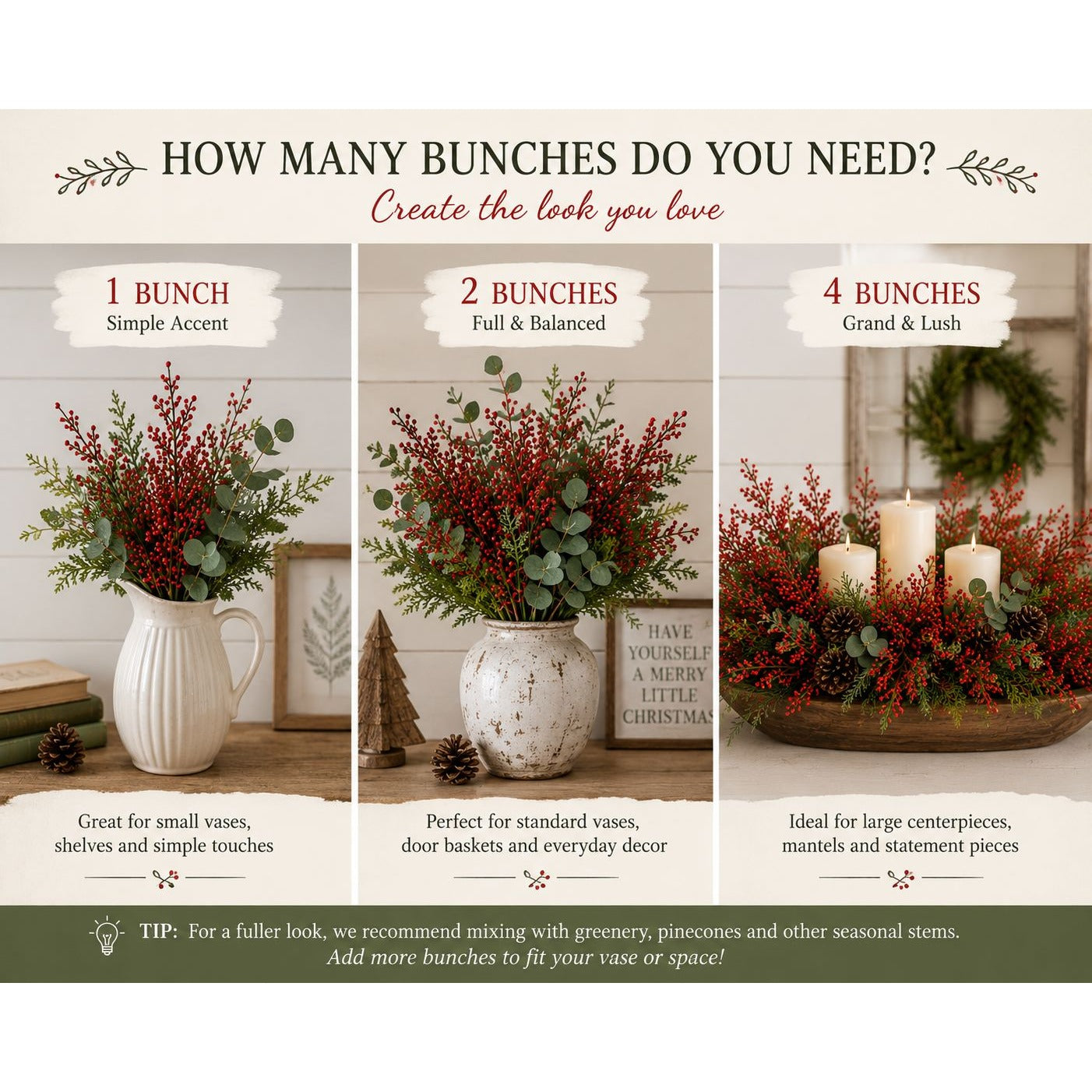 Decorative floral arrangements with text on quantity needed for different settings.