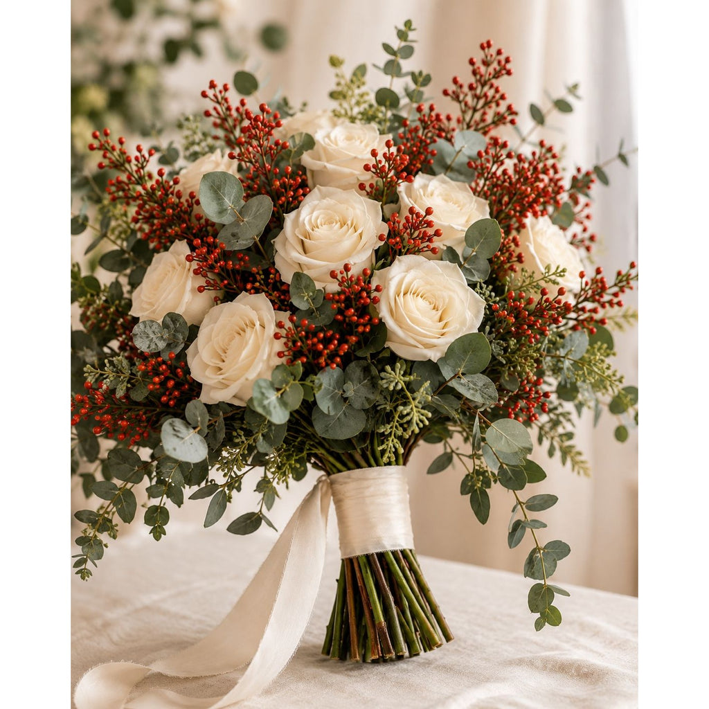 Bouquet of white roses with red berries and greenery on a neutral background
