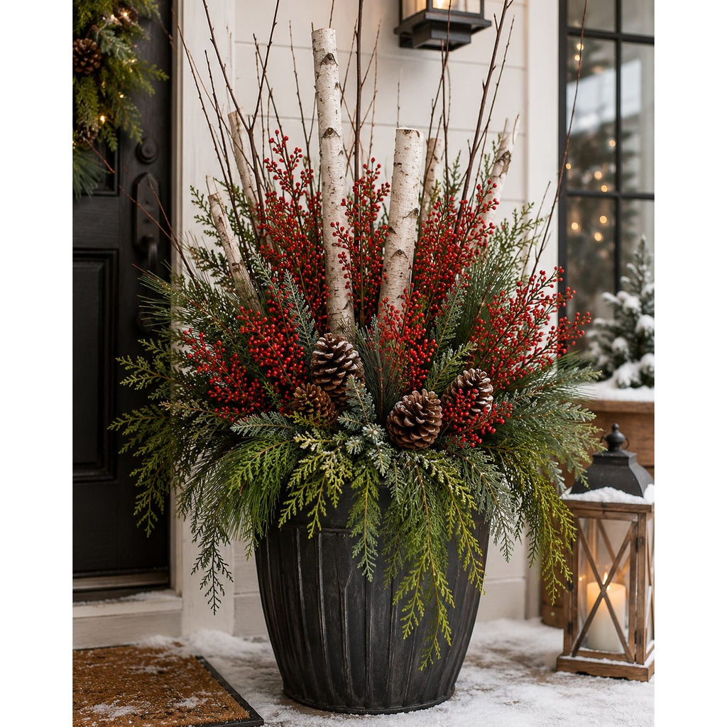Decorative outdoor arrangement with greenery, red berries, and pinecones in a pot on a snowy porch.