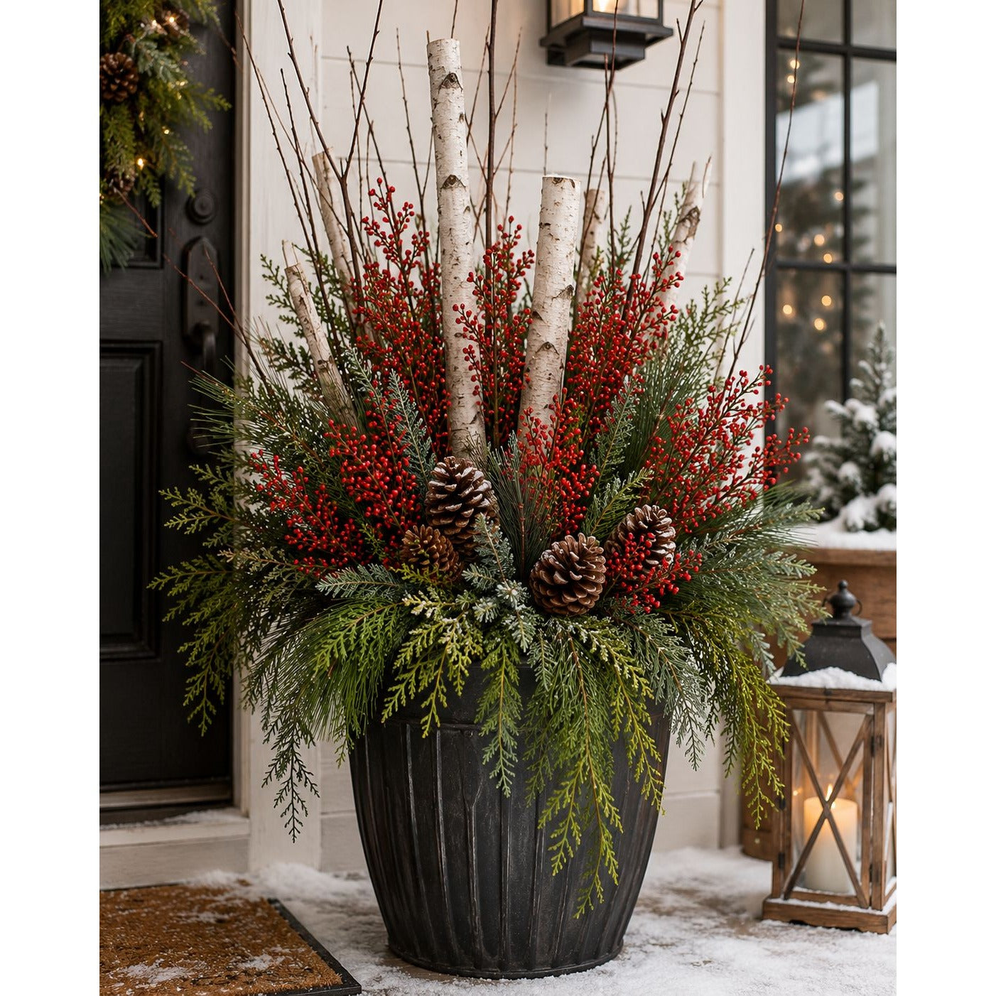 Decorative outdoor arrangement with greenery, red berries, and pinecones in a pot on a snowy porch.