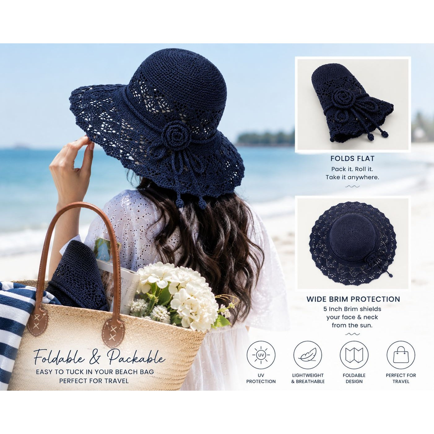 Navy Blue Wide Brim Sun Hat Floral Bow Foldable Beach Travel Garden Hat UV Protection