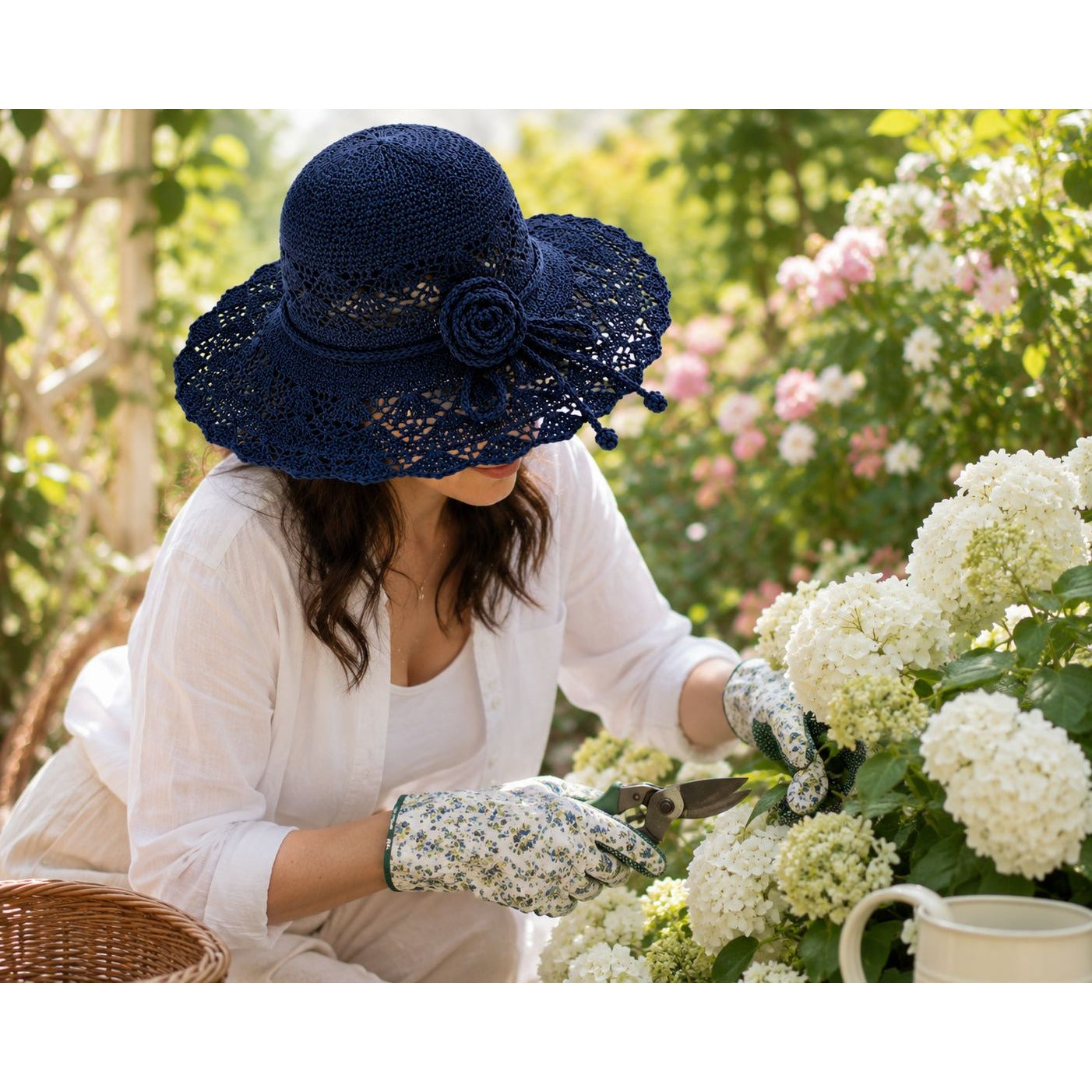 Navy Blue Wide Brim Sun Hat Floral Bow Foldable Beach Travel Garden Hat UV Protection