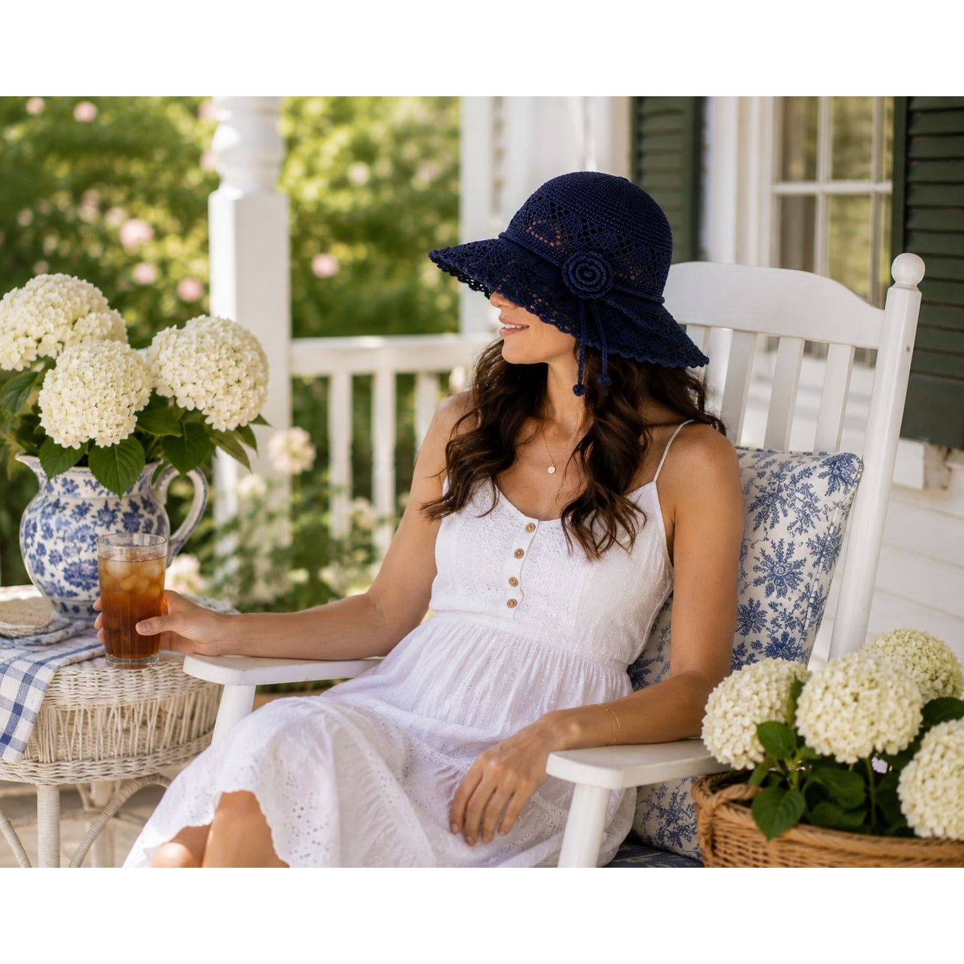 Navy Blue Wide Brim Sun Hat Floral Bow Foldable Beach Travel Garden Hat UV Protection