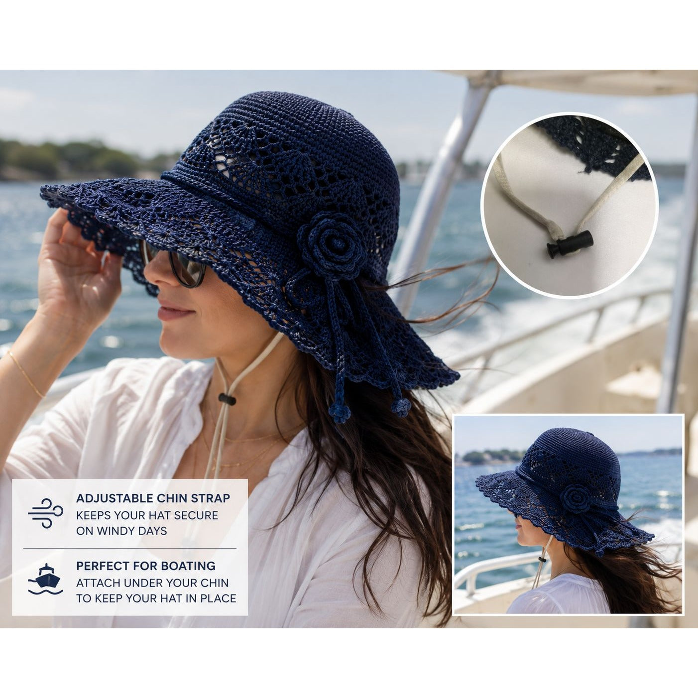 Navy Blue Wide Brim Sun Hat Floral Bow Foldable Beach Travel Garden Hat UV Protection