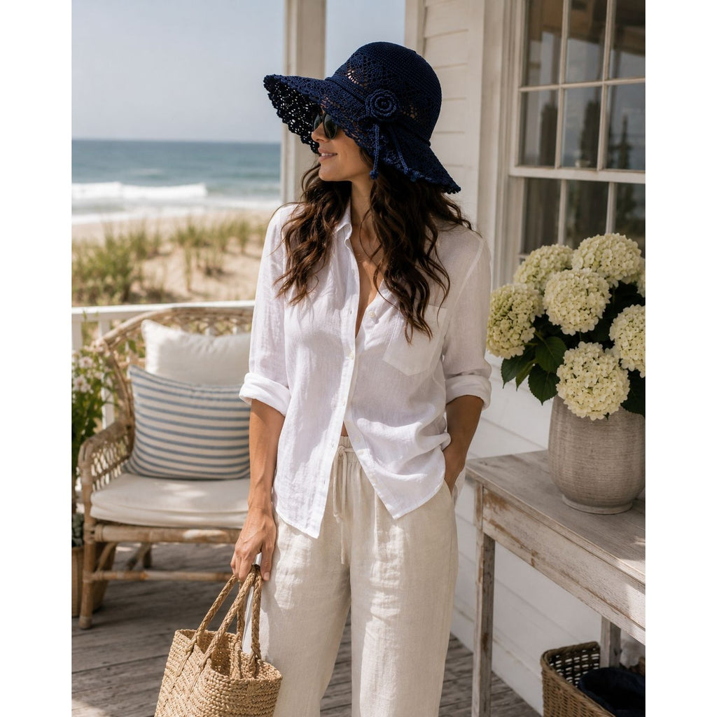 Navy Blue Wide Brim Sun Hat Floral Bow Foldable Beach Travel Garden Hat UV Protection