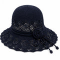 Navy Blue Wide Brim Sun Hat Floral Bow Foldable Beach Travel Garden Hat UV Protection