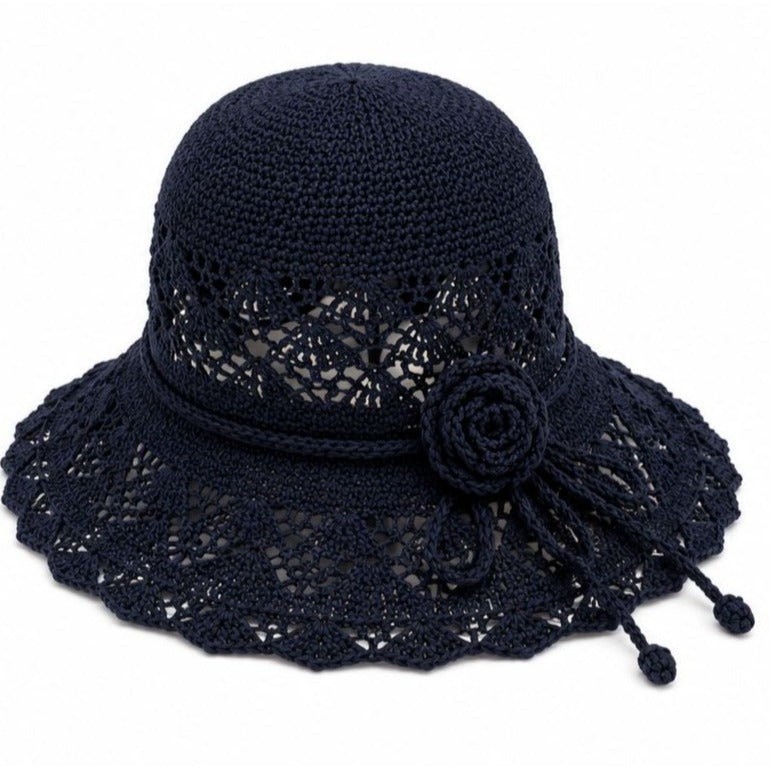 Navy Blue Wide Brim Sun Hat Floral Bow Foldable Beach Travel Garden Hat UV Protection