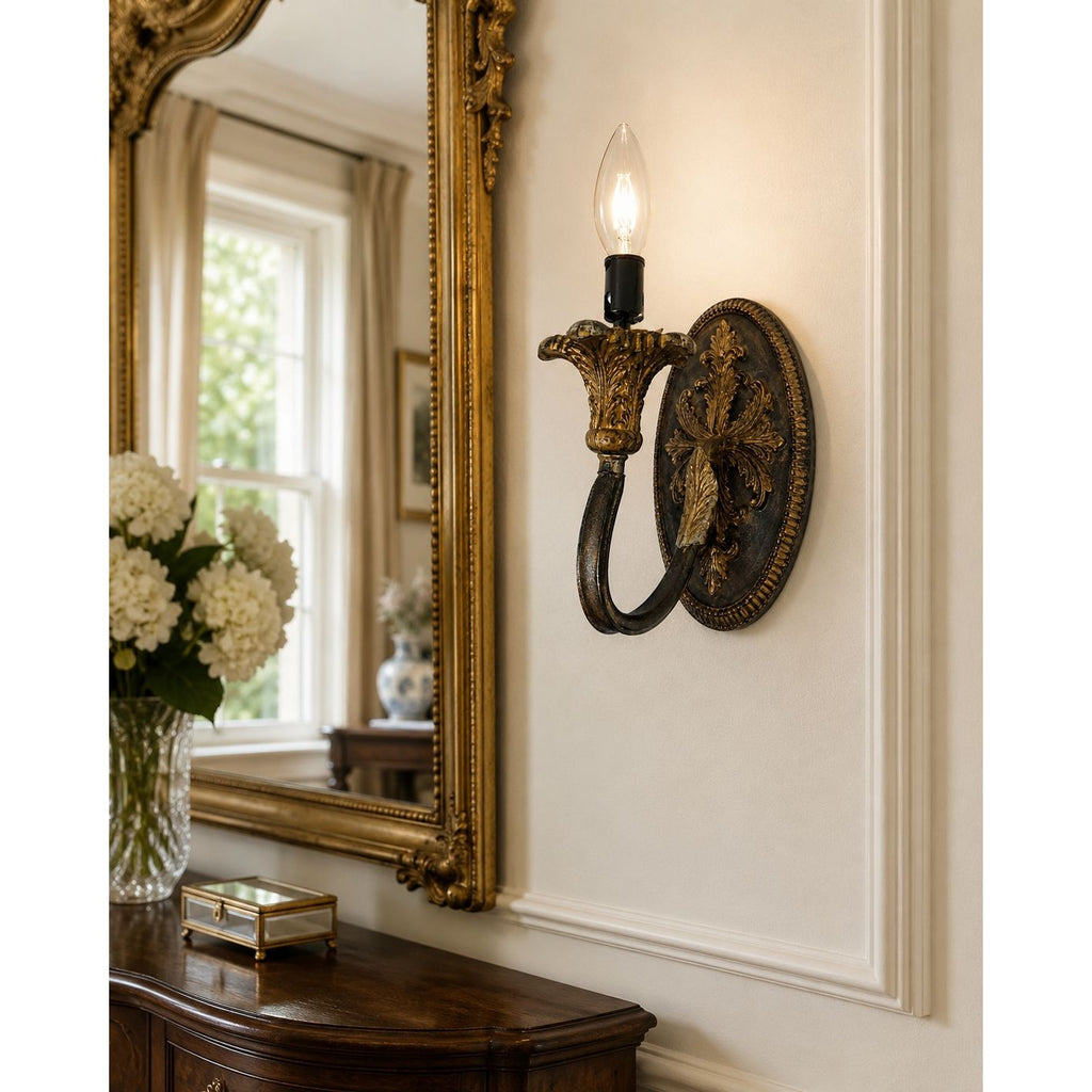 Vintage Progress Lighting Wall Sconce, Acanthus Leaf Cast Metal Light, Antique Bronze Tone