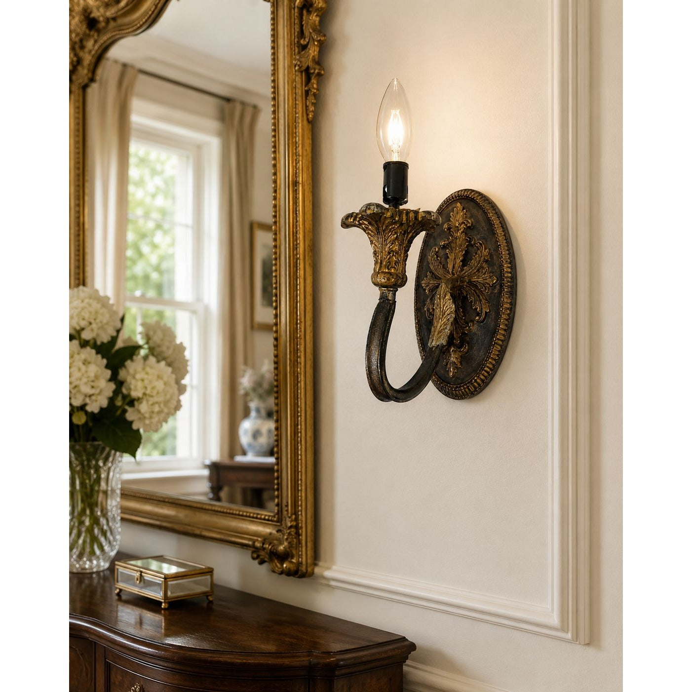 Vintage Progress Lighting Wall Sconce, Acanthus Leaf Cast Metal Light, Antique Bronze Tone