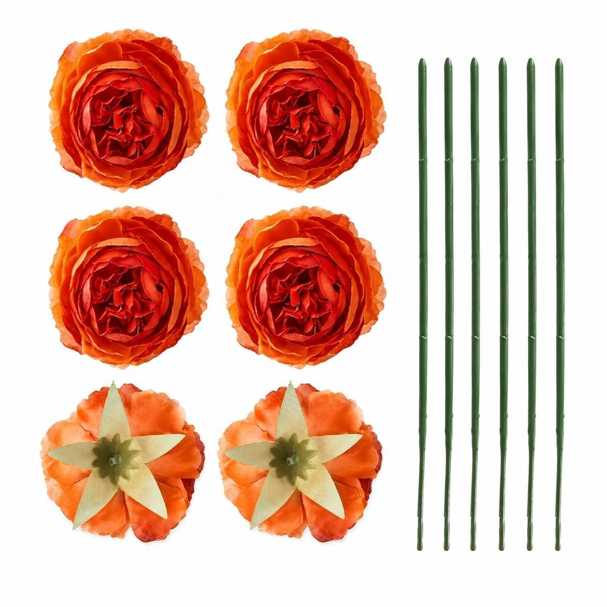 Orange Artificial Peony Ranunculus Flower Heads Set of 6, 3 Inch Faux Silk Blooms with 7 Inch Wire Stems, Fall Wedding DIY Decor