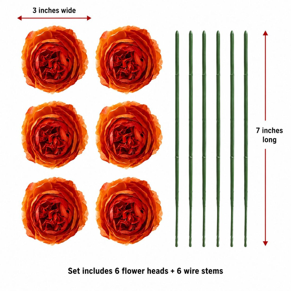 Orange Artificial Peony Ranunculus Flower Heads Set of 6, 3 Inch Faux Silk Blooms with 7 Inch Wire Stems, Fall Wedding DIY Decor