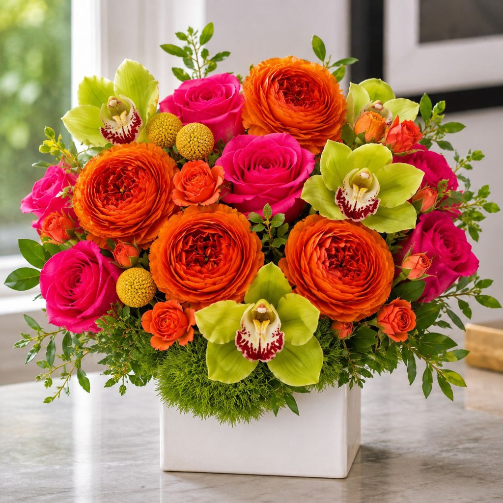 Orange Artificial Peony Ranunculus Flower Heads Set of 6, 3 Inch Faux Silk Blooms with 7 Inch Wire Stems, Fall Wedding DIY Decor
