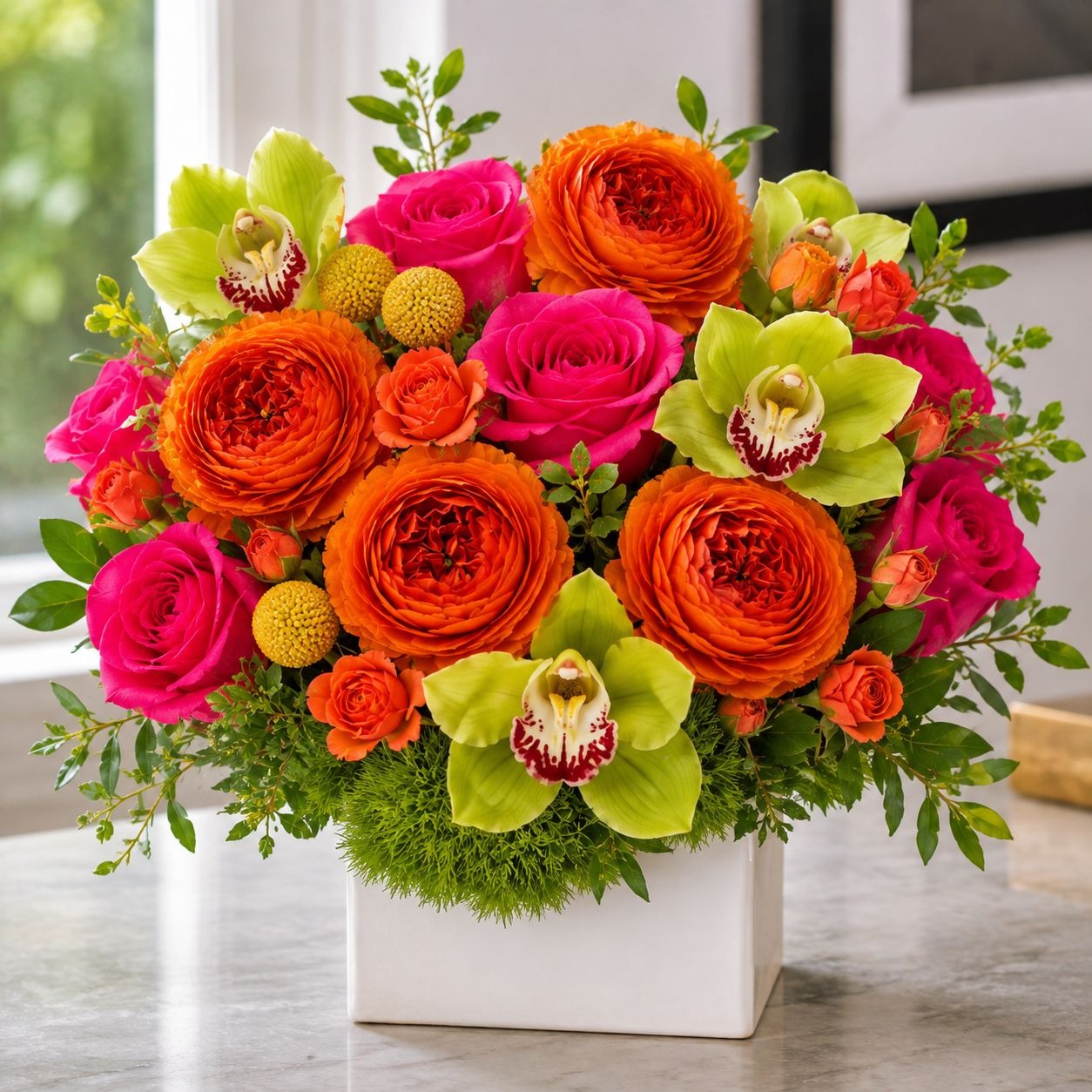 Orange Artificial Peony Ranunculus Flower Heads Set of 6, 3 Inch Faux Silk Blooms with 7 Inch Wire Stems, Fall Wedding DIY Decor