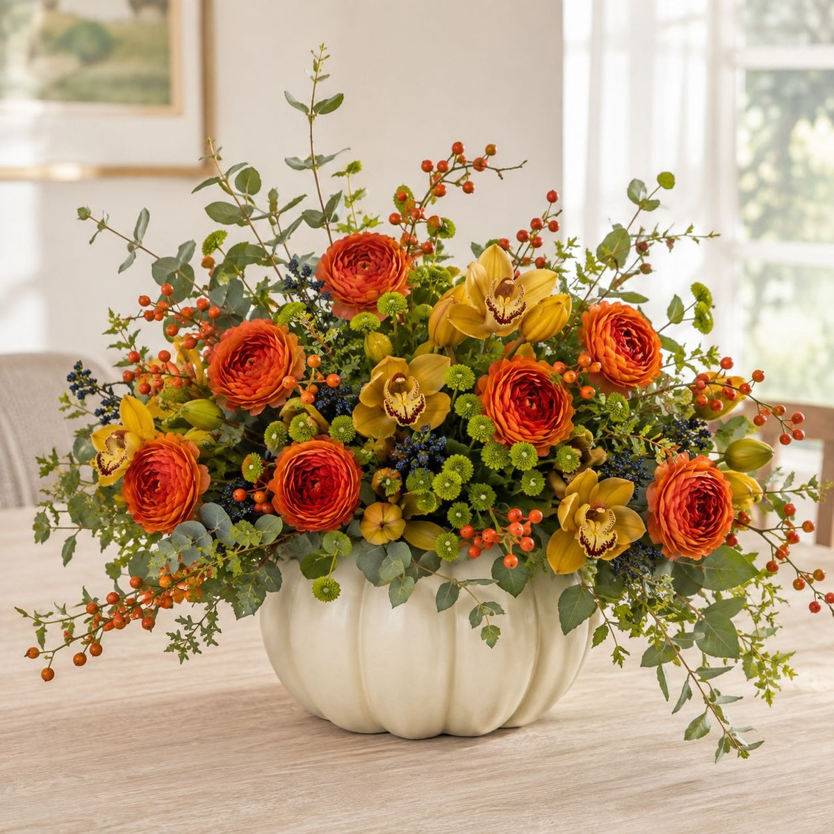Orange Artificial Peony Ranunculus Flower Heads Set of 6, 3 Inch Faux Silk Blooms with 7 Inch Wire Stems, Fall Wedding DIY Decor