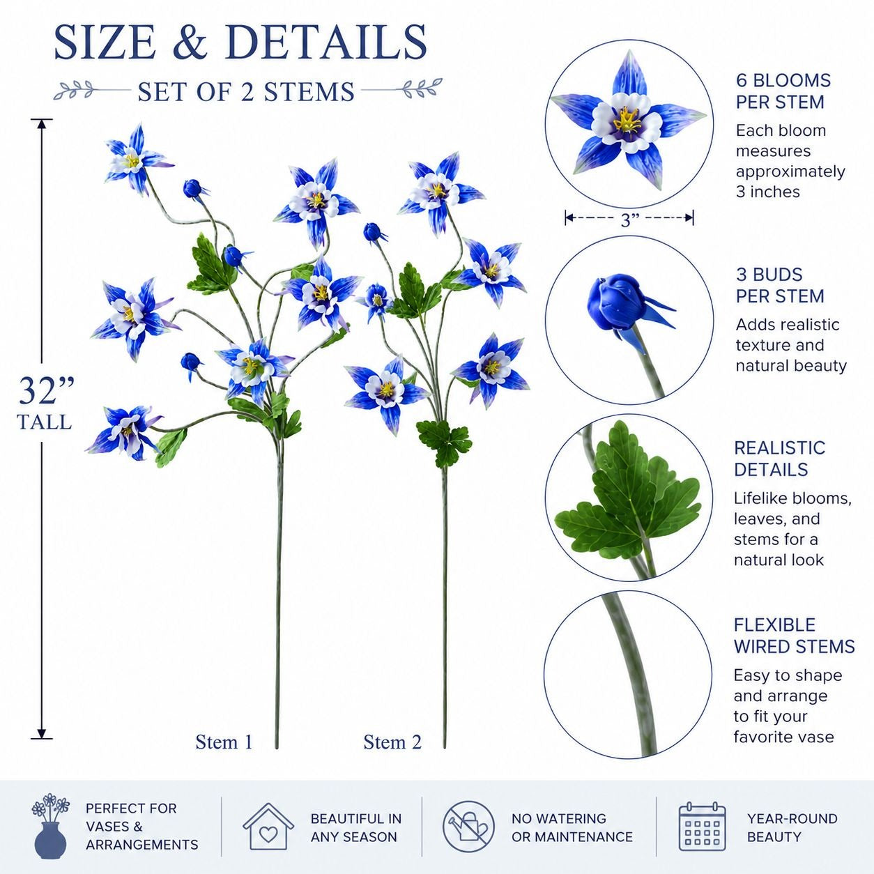 Artificial Columbine Flowers Set of 2, Blue Faux Flower Stems, 32 Inch Wildflower Stems, Farmhouse Decor, French Country Cottage