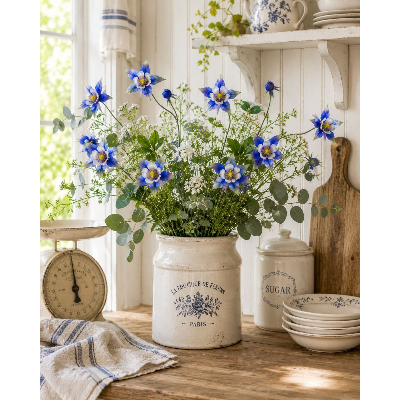Artificial Columbine Flowers Set of 2, Blue Faux Flower Stems, 32 Inch Wildflower Stems, Farmhouse Decor, French Country Cottage