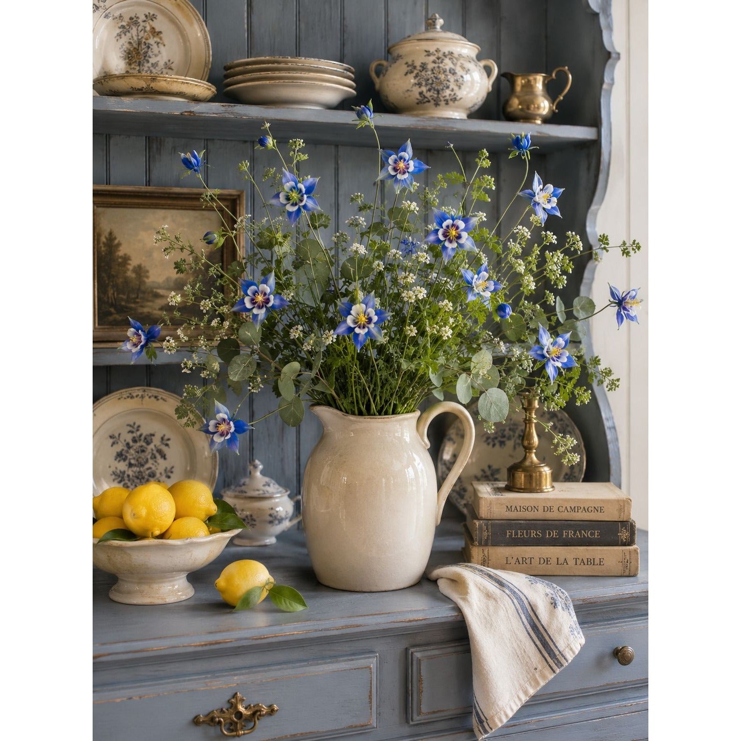 Artificial Columbine Flowers Set of 2, Blue Faux Flower Stems, 32 Inch Wildflower Stems, Farmhouse Decor, French Country Cottage