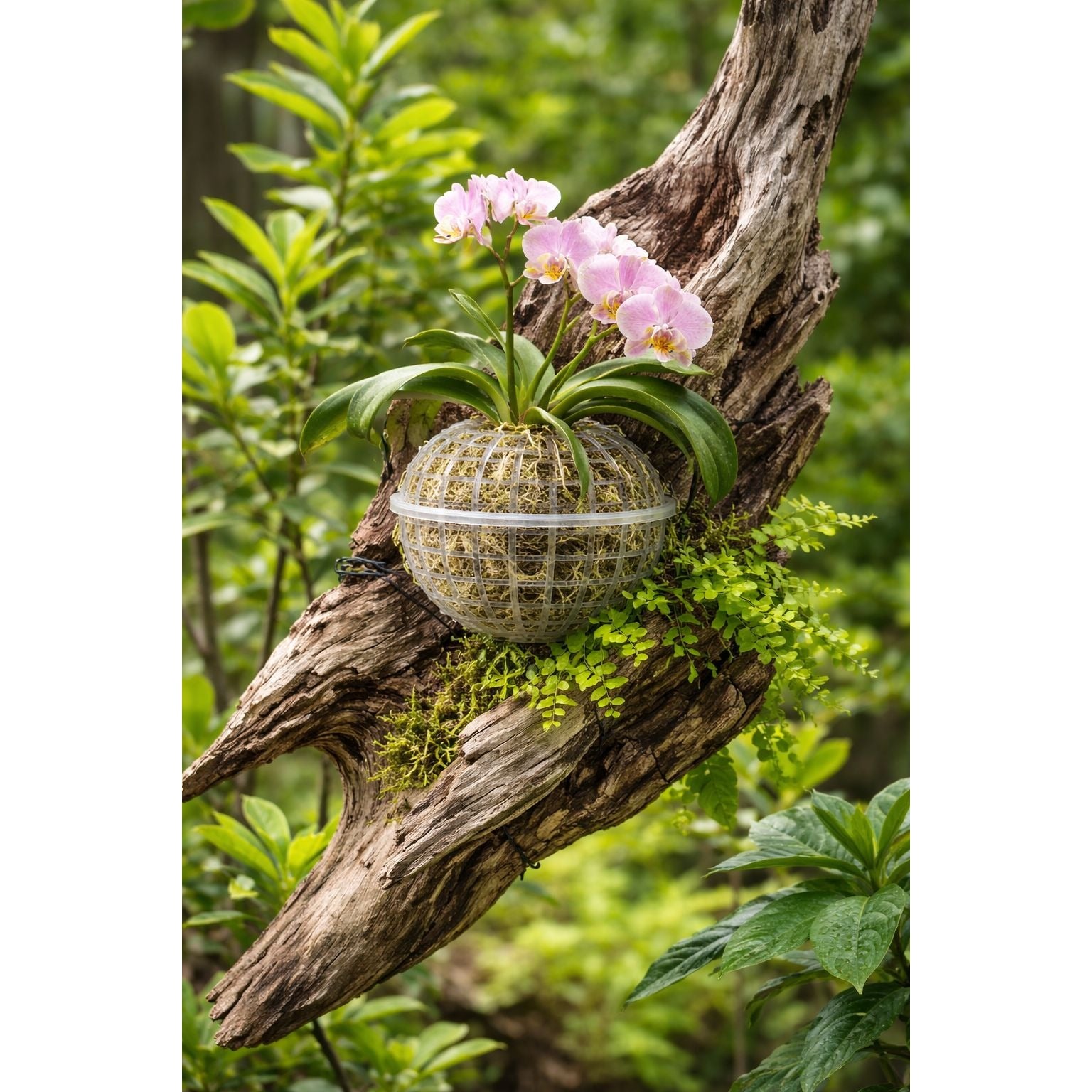 Orchid plant in a decorative sphere hanging on a piece of driftwood with a natural green background.