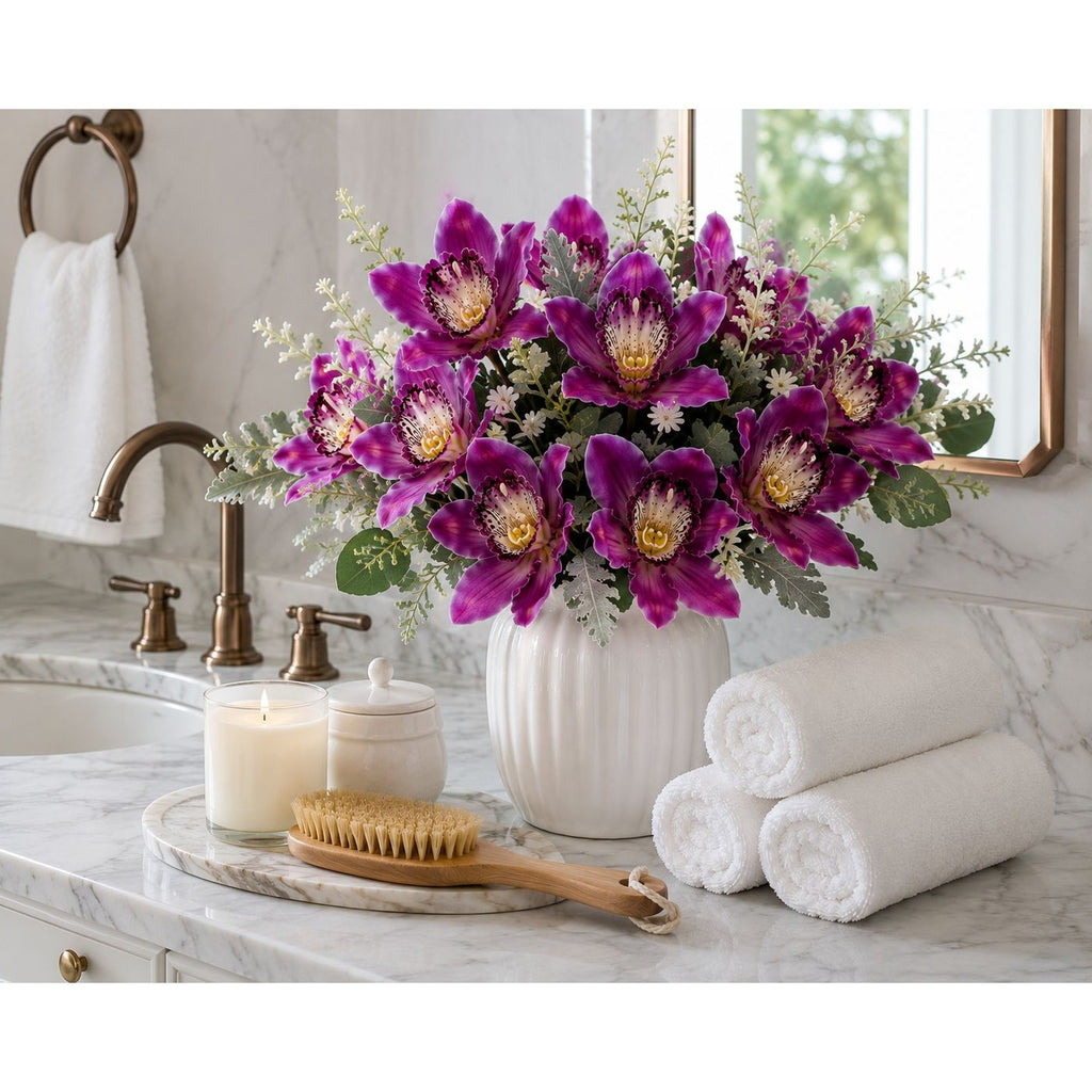 Artificial Purple Orchid Bundle 13 Inch Faux Flowers Wedding Bouquet Corsage Boutonniere Home Decor