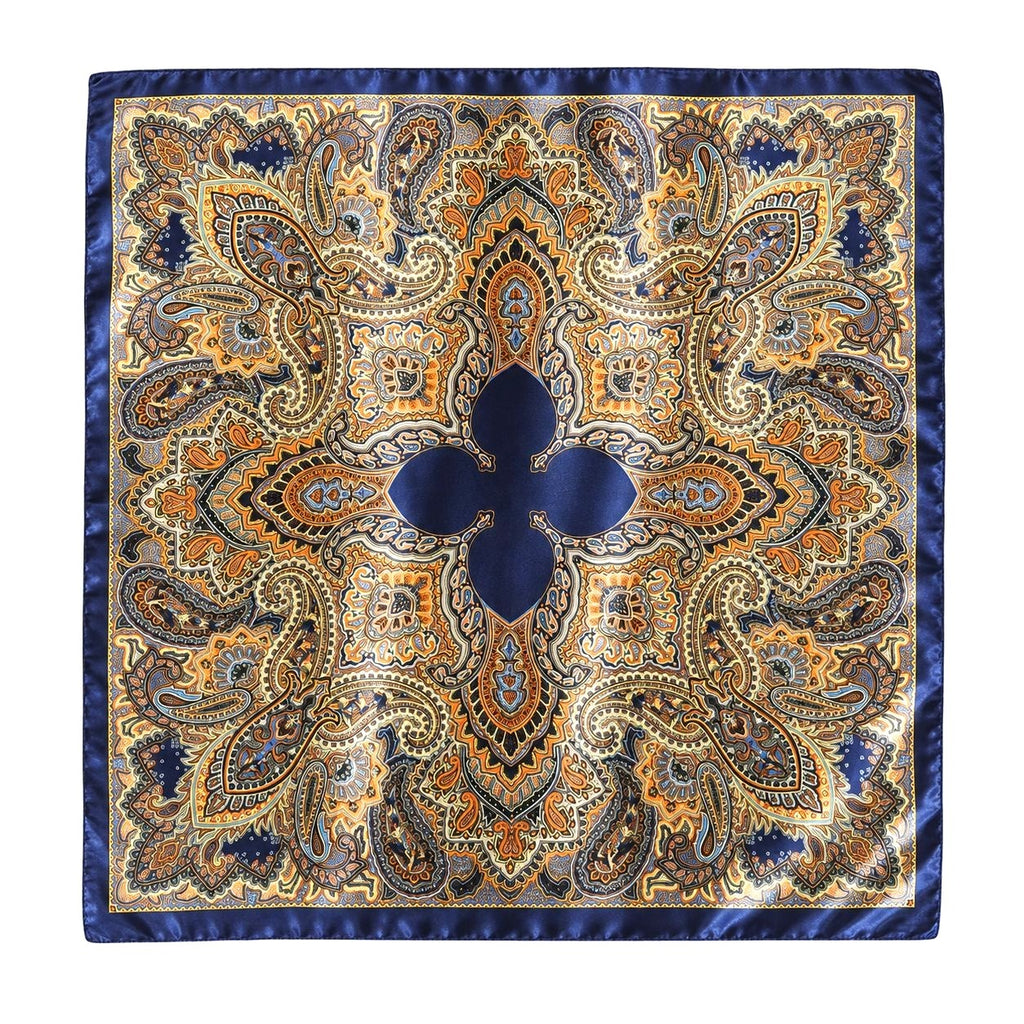 Navy Orange Paisley Wild Rag Scarf 35x35 Satin Western Cowboy Cowgirl