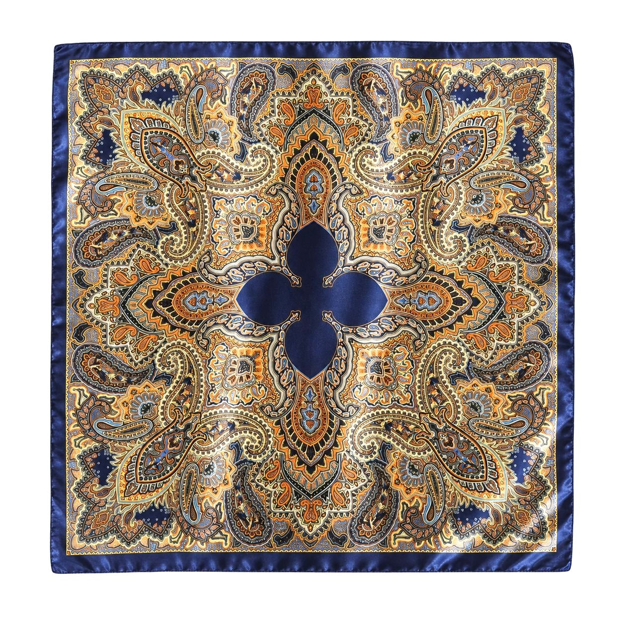 Navy Orange Paisley Wild Rag Scarf 35x35 Satin Western Cowboy Cowgirl